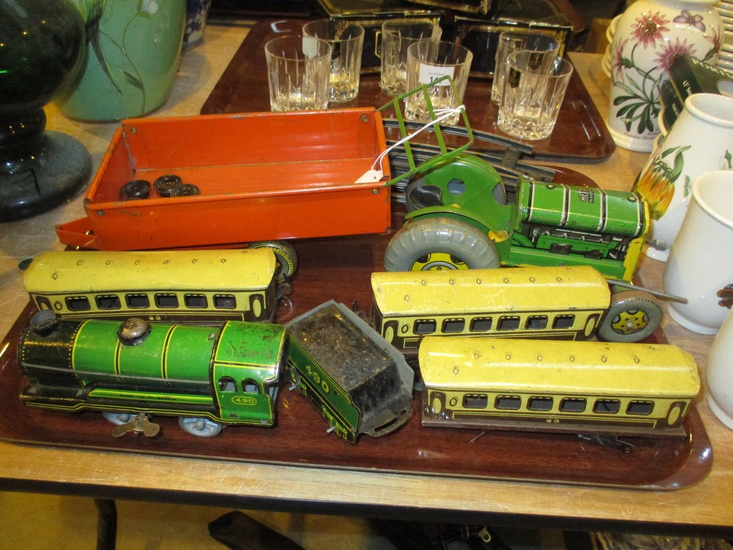 Mettoy Tin Plate Tractor and Trailer and Tin Plate Clockwork Train