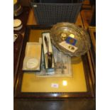 Pocket Watch, 3 Coins, Silver Plated Basket, Servers, Butter Dish and a Print