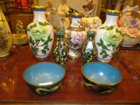 Five Cloisonne Enamel Vases and 2 Dishes