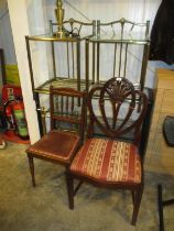 Two Mahogany Occasional Chairs and 3 Metal and Glass Tables