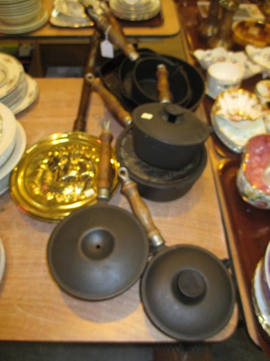 Eight Metal Cooking Pots and a Reproduction Bed Warmer