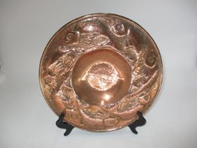 Arts & Crafts Copper Plaque Embossed and Chased with Fish around a Disked Centre, possibly by