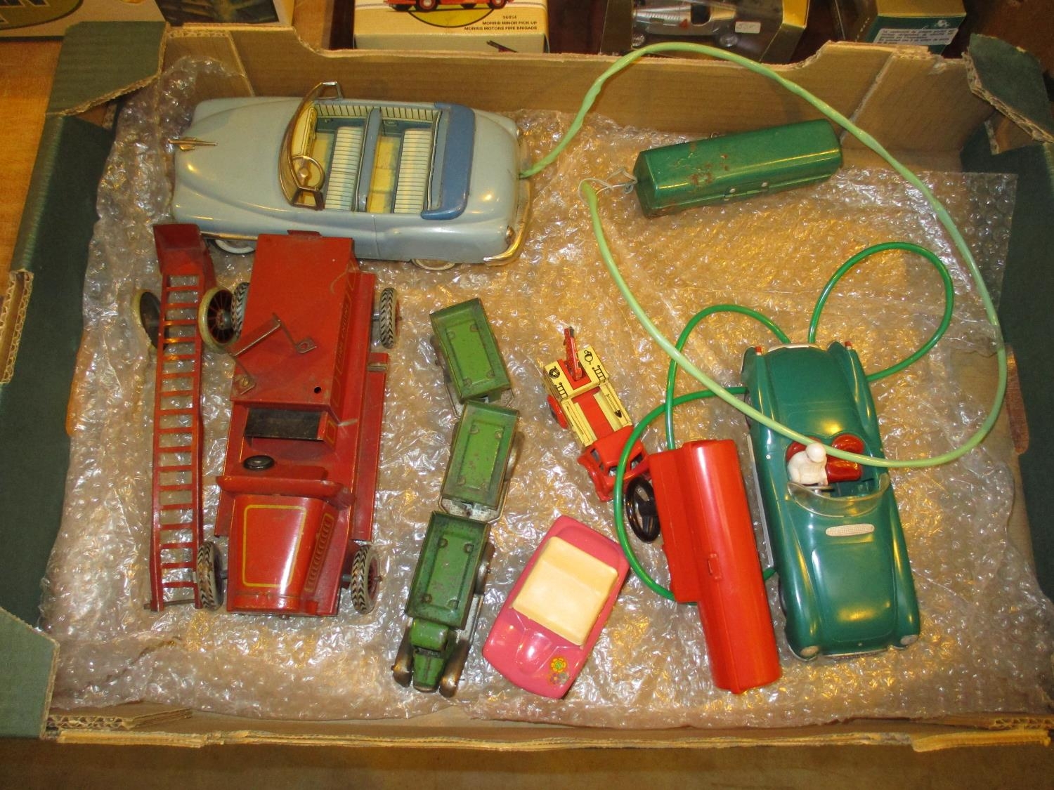 Tin Plate Clockwork Fire Engine, Lorry and Trailers, Breakdown Service Vehicle and Others