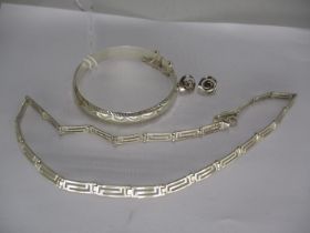 Silver Hinge Bangle, Necklace and Pair of Ear Studs