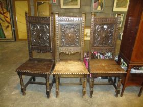 Set of 3 Late Victorian Carved Oak Hall Chairs