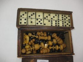 Boxes of Wood Chess Pieces and Bone Dominoes