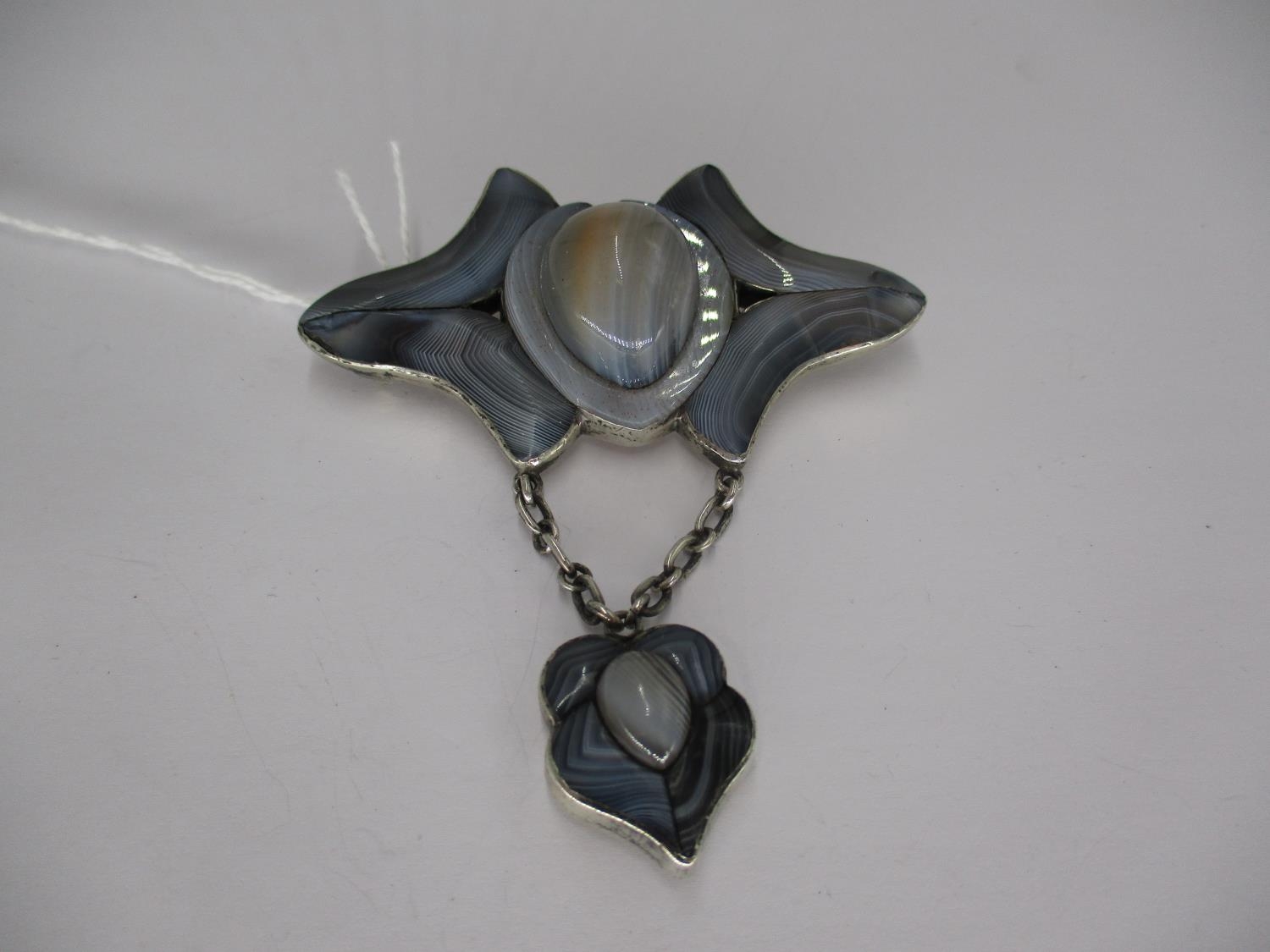 Victorian Agate Brooch, the Drop with Locket Back, all Set in White Metal