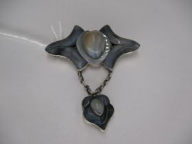 Victorian Agate Brooch, the Drop with Locket Back, all Set in White Metal