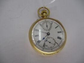 Continental 18ct Gold Open Face Pocket Watch having Dual Subsidiary Dials, 96.71g total, 5cm