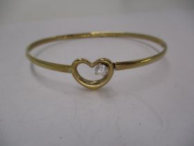 9ct Gold Heart Bangle Set with a Clear Stone, 3.2g