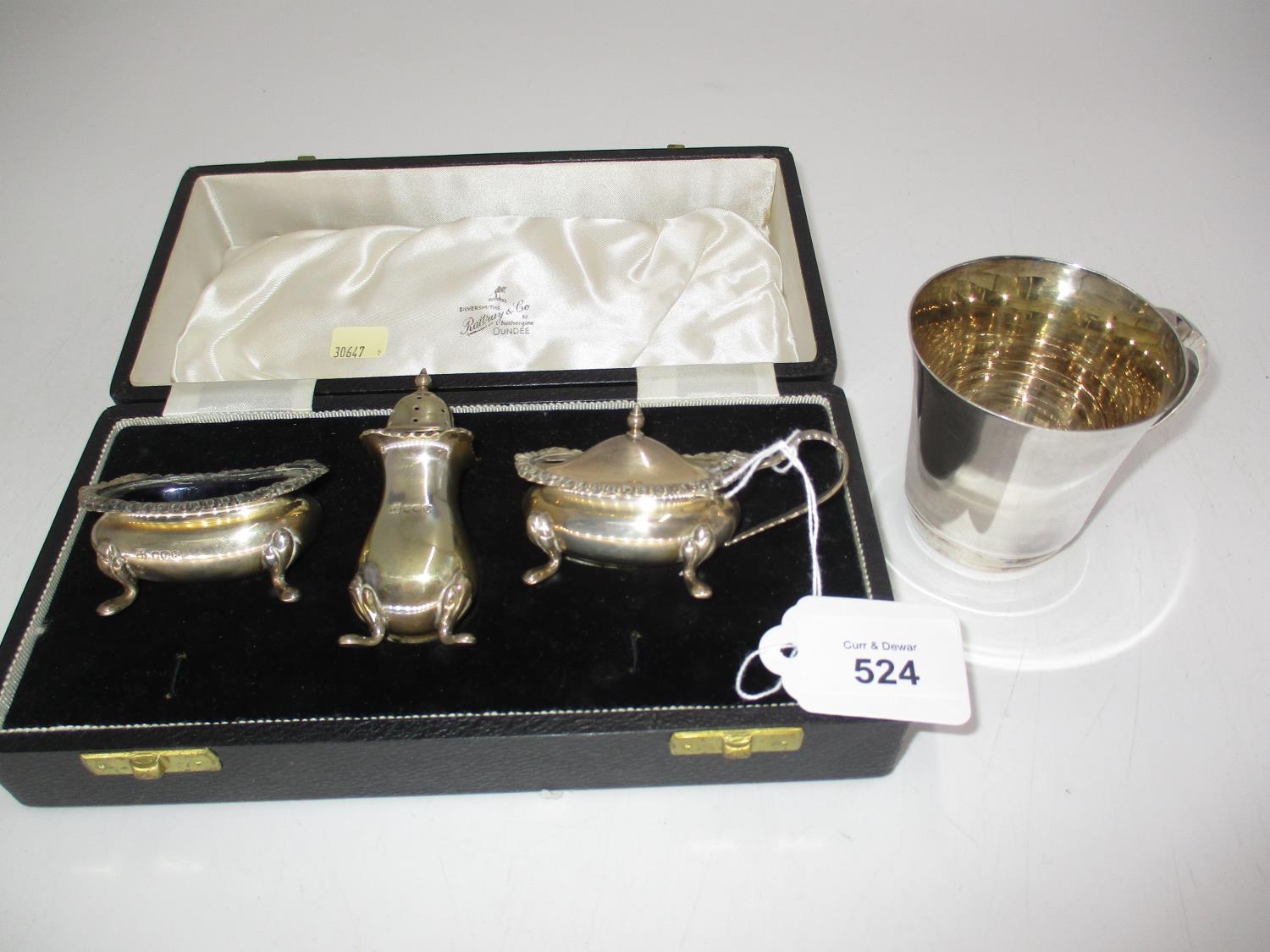 Cased Silver 3 Piece Condiment Set, Sheffield 1959, and a Silver Plated Christening Cup
