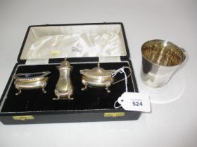 Cased Silver 3 Piece Condiment Set, Sheffield 1959, and a Silver Plated Christening Cup