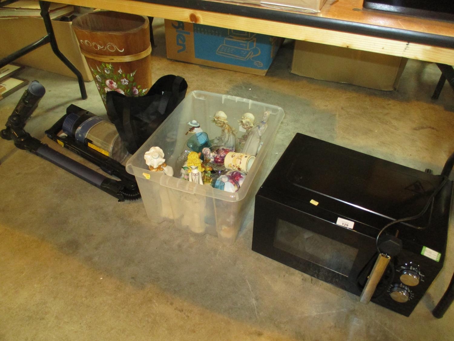 Shark Vacuum, Microwave, Box of Ornaments, Painted Wood Bucket etc