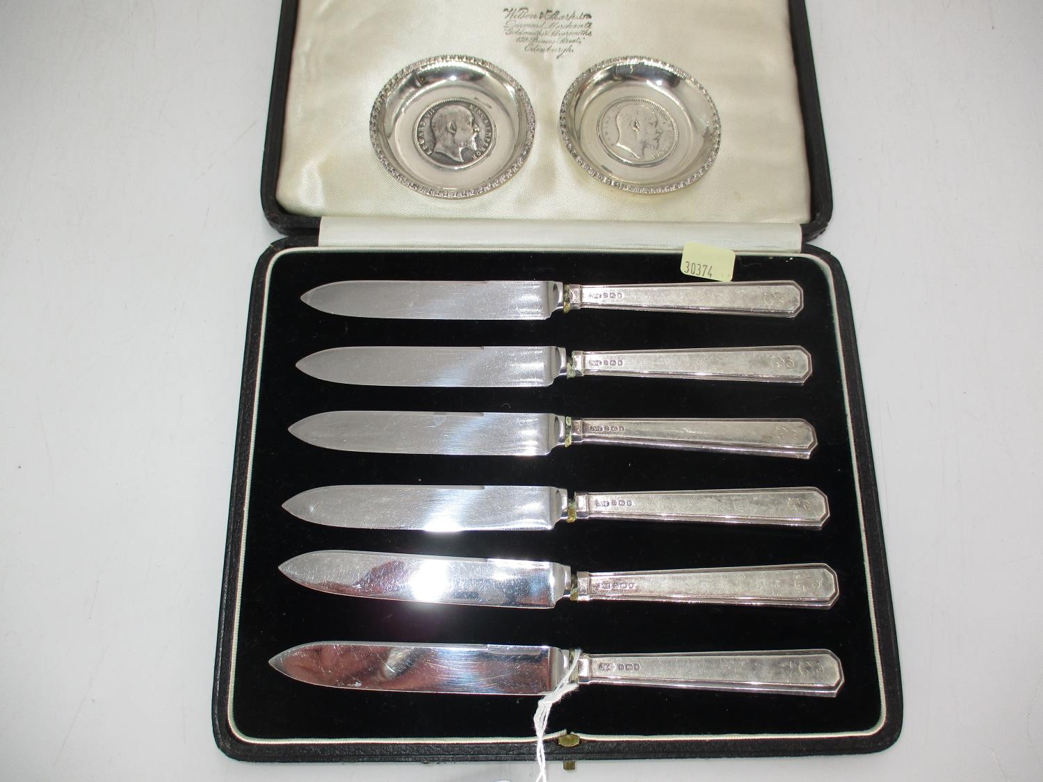 Pair of 1904 and 1907 Rupee Coin Dishes and a Case of 6 Silver Handle Tea Knives