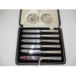 Pair of 1904 and 1907 Rupee Coin Dishes and a Case of 6 Silver Handle Tea Knives