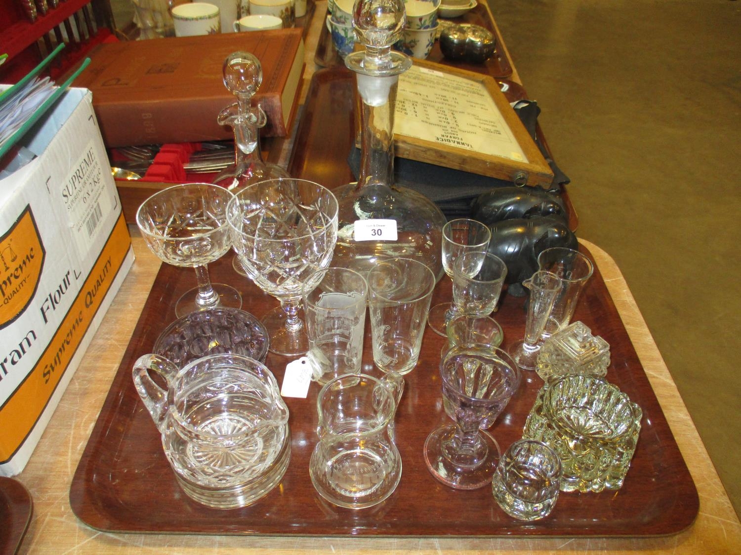 Shaft and Globe Decanter, 2 Measures, Other Glasswares and 2 Elephants