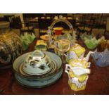 Highland Stoneware Dish, Bowl and Covered Dish, Glass Basket and 3 Piece Tea Service
