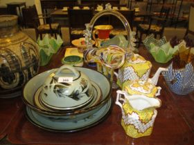 Highland Stoneware Dish, Bowl and Covered Dish, Glass Basket and 3 Piece Tea Service