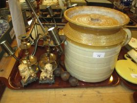 Stoneware Crock, Pair of Candlesticks, Pair of Lions, 3 Treen Ladles and a Ceiling Light