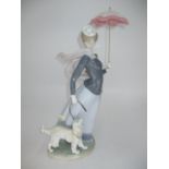 Lladro Group of a Lady with Umbrella and Dog, 39cm