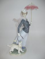 Lladro Group of a Lady with Umbrella and Dog, 39cm