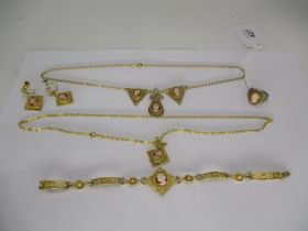 Two Silver Gilt and Cameo Set Necklaces, Bracelet, Ring and Pair of Ear Clips