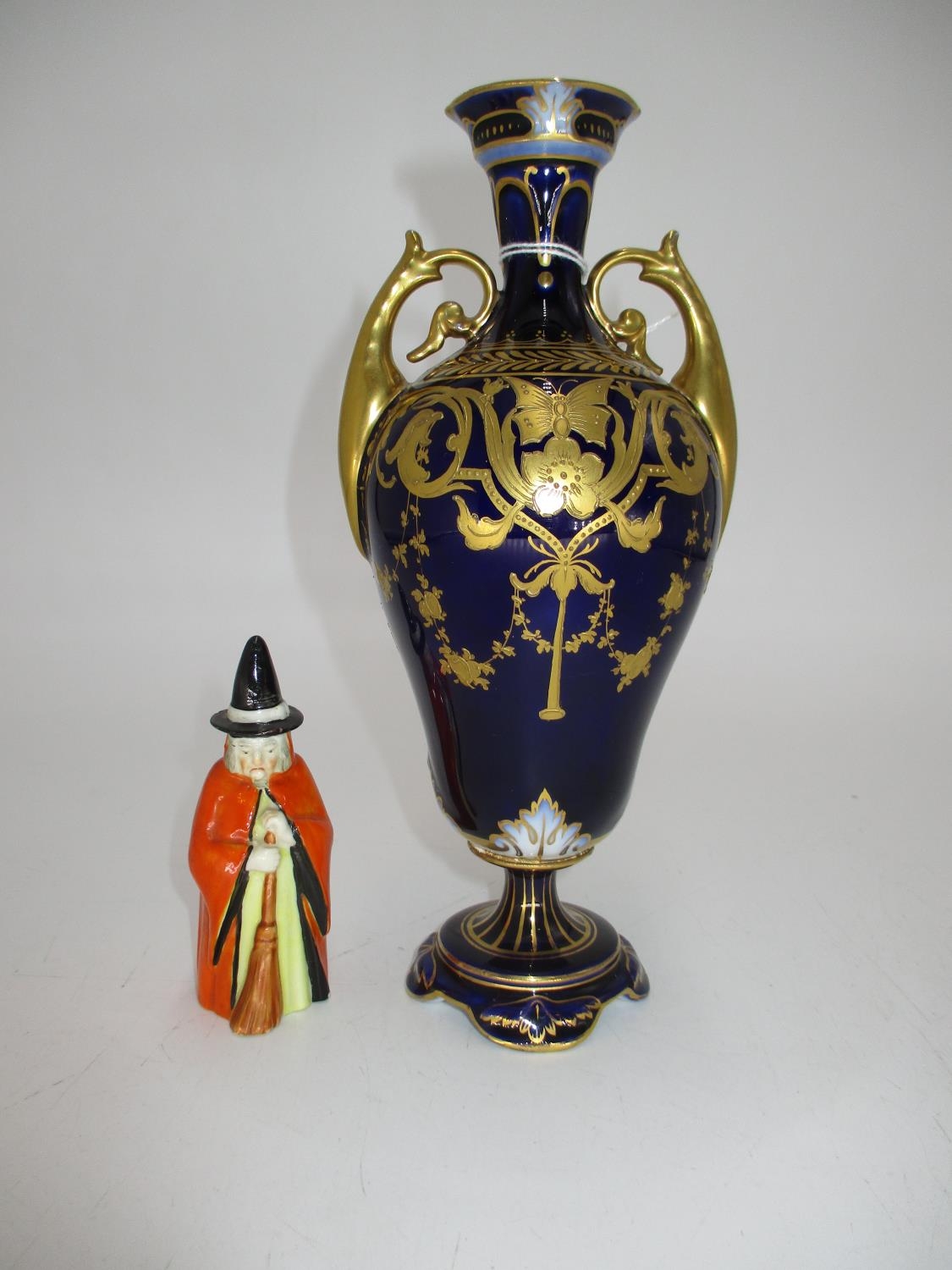 Vienna Porcelain Gilt Decorated 2 Handle Vase, 21cm, along with a Royal Worcester Candle Snuffer