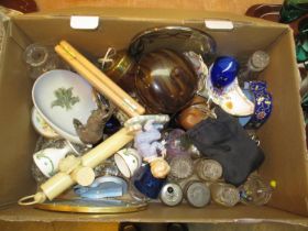 Box of Collectables including Scent Bottles, Tea Pot Stand, Cloisonne etc