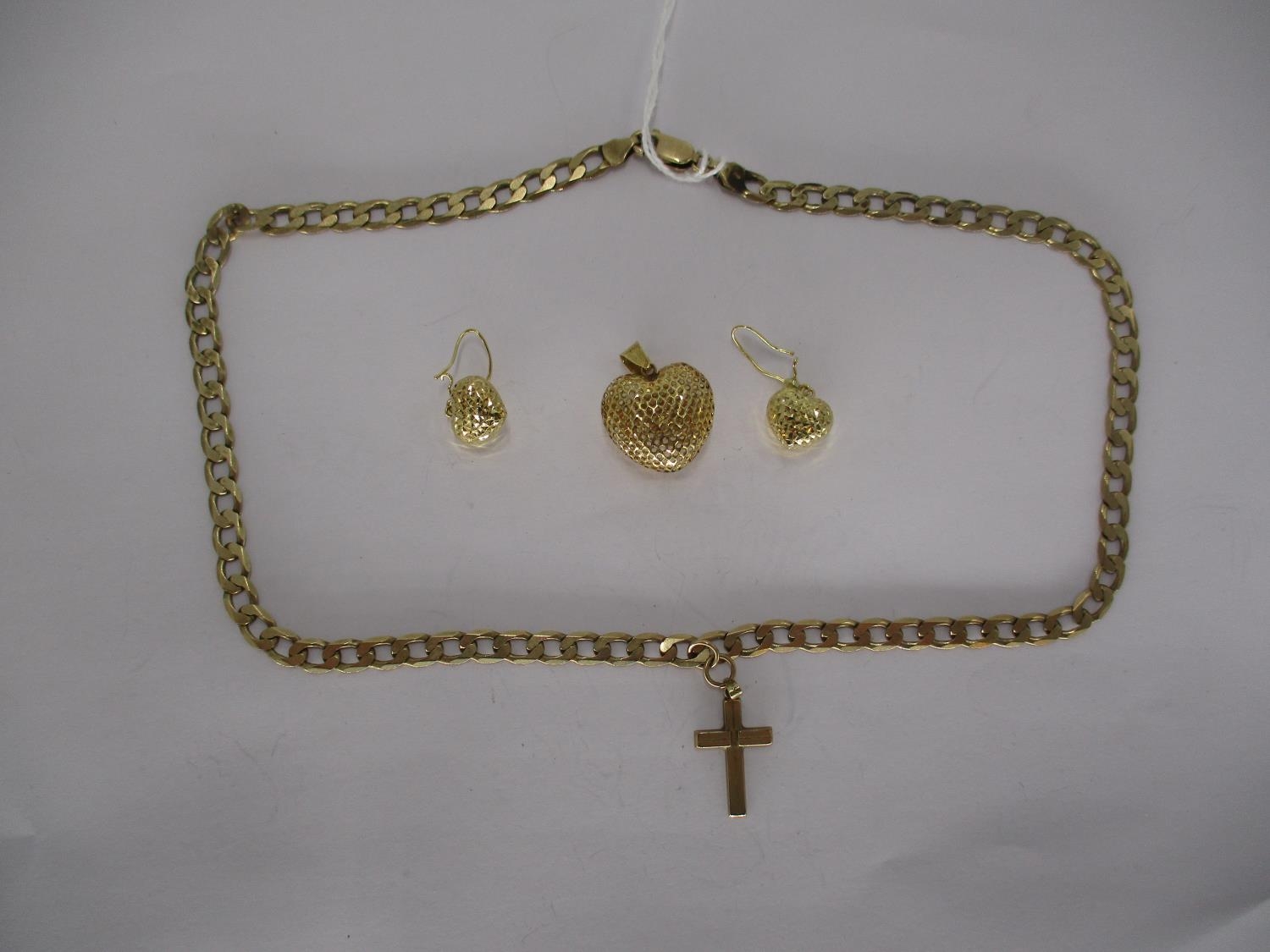9ct Gold Necklace with a Cross Pendant, 9ct Gold Heart Pendant with Pair of Earrings, 19.34g total