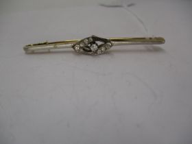 Diamond Set Open Scroll Bar Brooch in Unmarked Yellow Gold and Platinum Mount, 6.2g