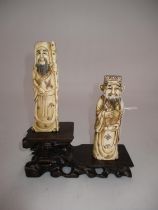 Two Japanese Carved Bone Figures of a Mandarin and a Messenger, 13cm, with a Carved Wood Stand