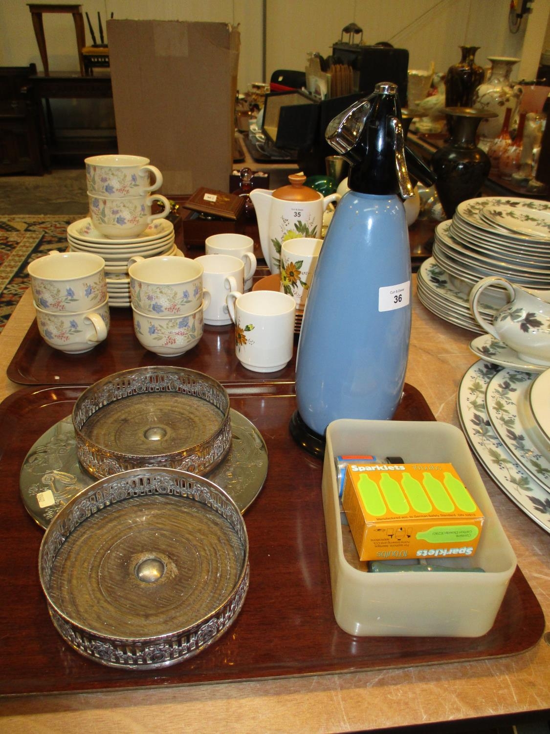 Pair of Silver Plate and Wood Decanter Coasters, Place Mats and Soda Siphon