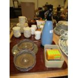 Pair of Silver Plate and Wood Decanter Coasters, Place Mats and Soda Siphon