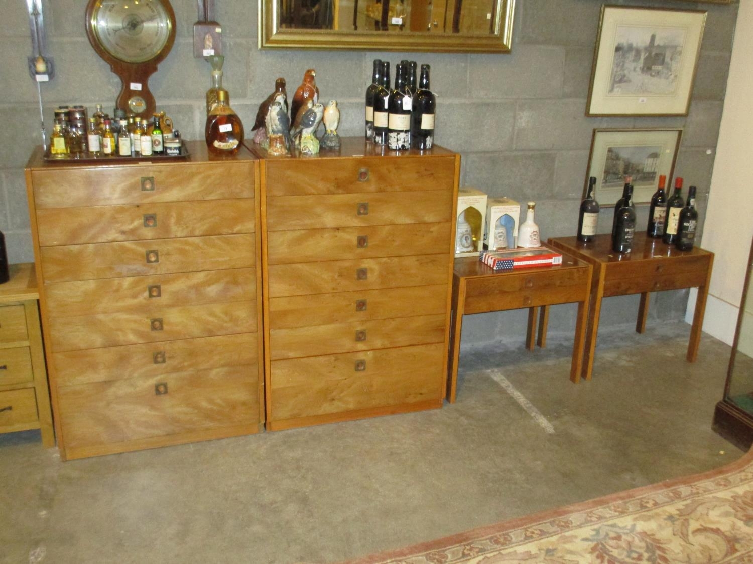 Pair of Yew Wood Chests of 7 Drawers and Pair of Bedside Table all with Brass Recessed Handles, 70