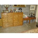 Pair of Yew Wood Chests of 7 Drawers and Pair of Bedside Table all with Brass Recessed Handles, 70
