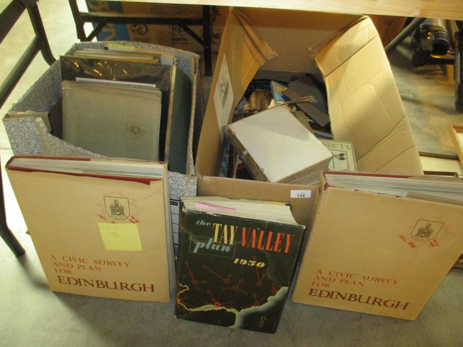 Two Boxes of Books including 2 Volumes A Civic Survey and Plan for Edinburgh, The Tay Valley Plan