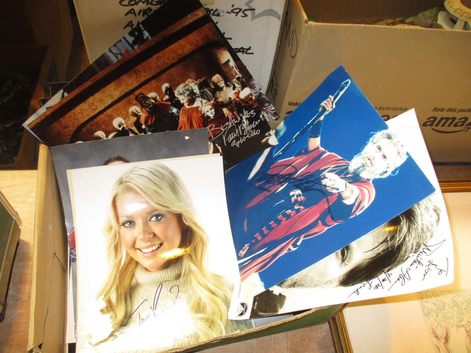 Box of Autographed Celebrity Photographs including Charlton Heston, Star Wars, Harry Potter etc
