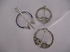 Three Iona Pattern Silver Plaid Brooches, one with Blue Enamel