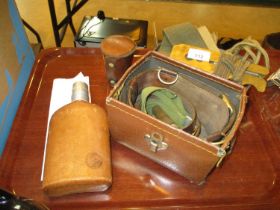 McCallums Leather Covered Hip Flasks, Travelling Cups and Military Belt etc