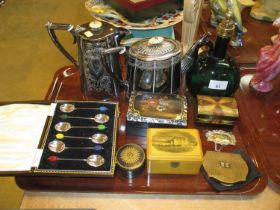 Silver Plated Tea Pot, Water Jug and Coffee Spoons, Decanter, Mauchline and Other Boxes