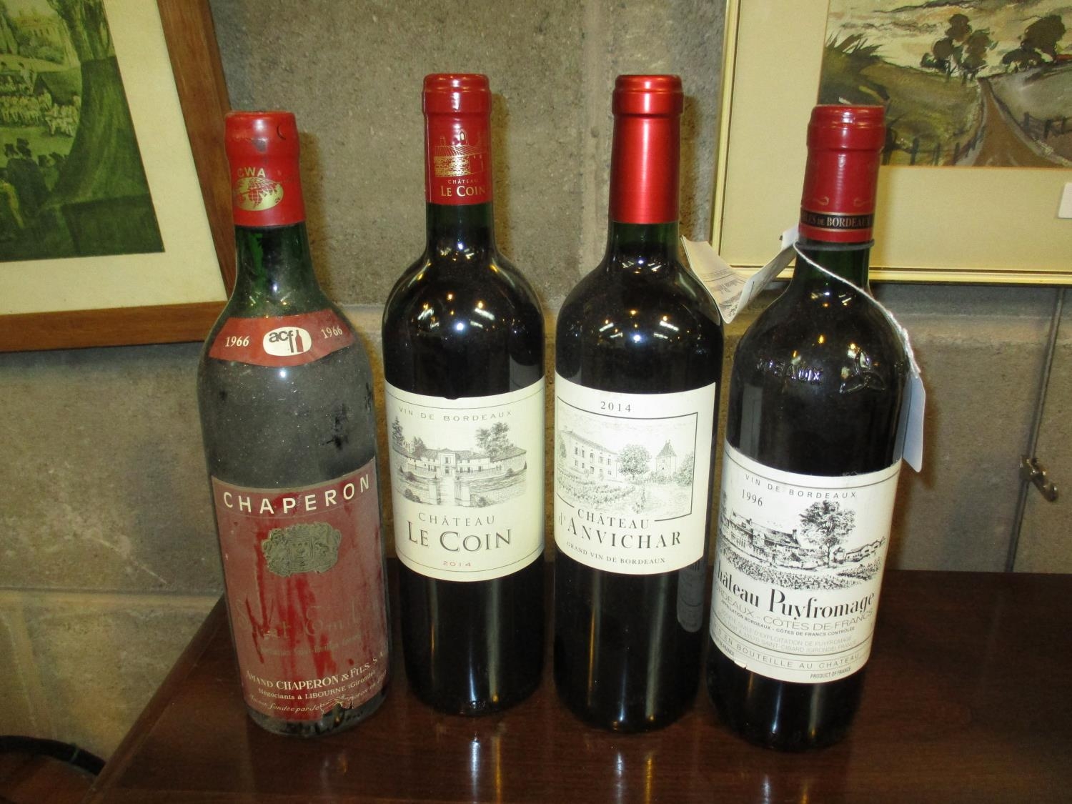 Four Bottles - Chaperon Saint Emillion 1966, Chateau Puyfromage Bordeaux-Cotes 1996, Chateau Le Coin