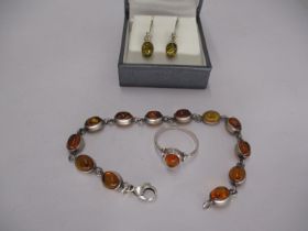 Silver and Amber Bracelet, Ring and a Pair of Earrings