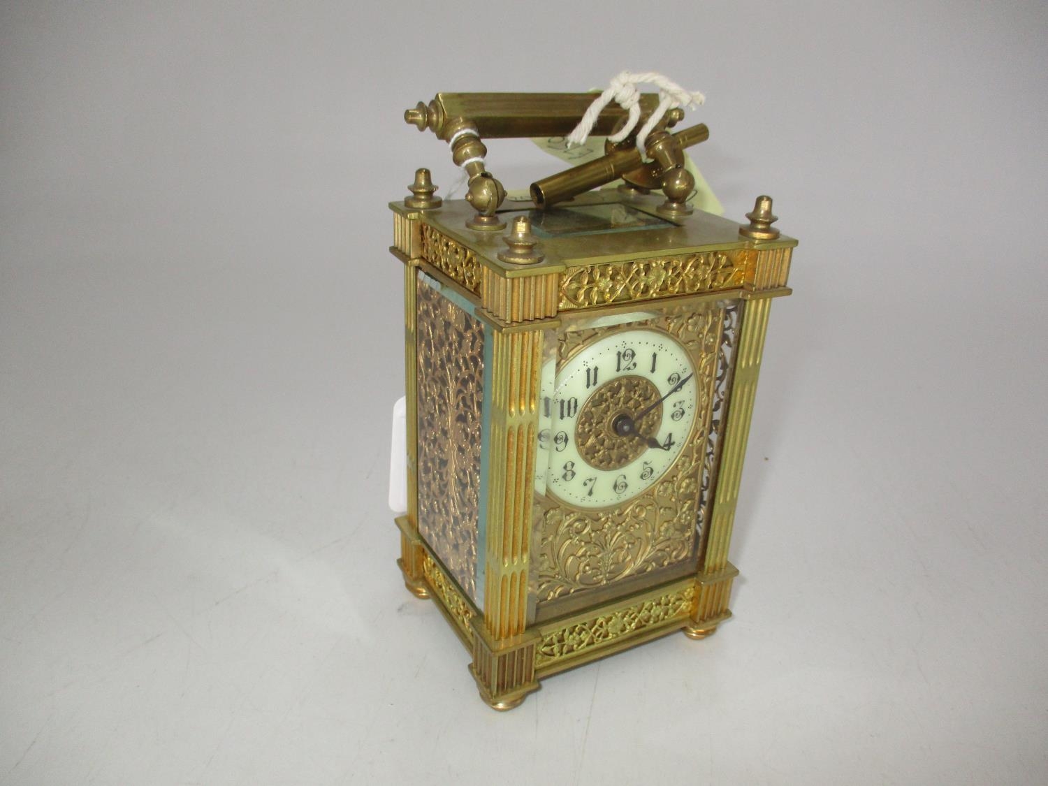 Victorian Brass and Bevelled Glass Carriage Clock having Ornate Pierced Decoration, 12cm