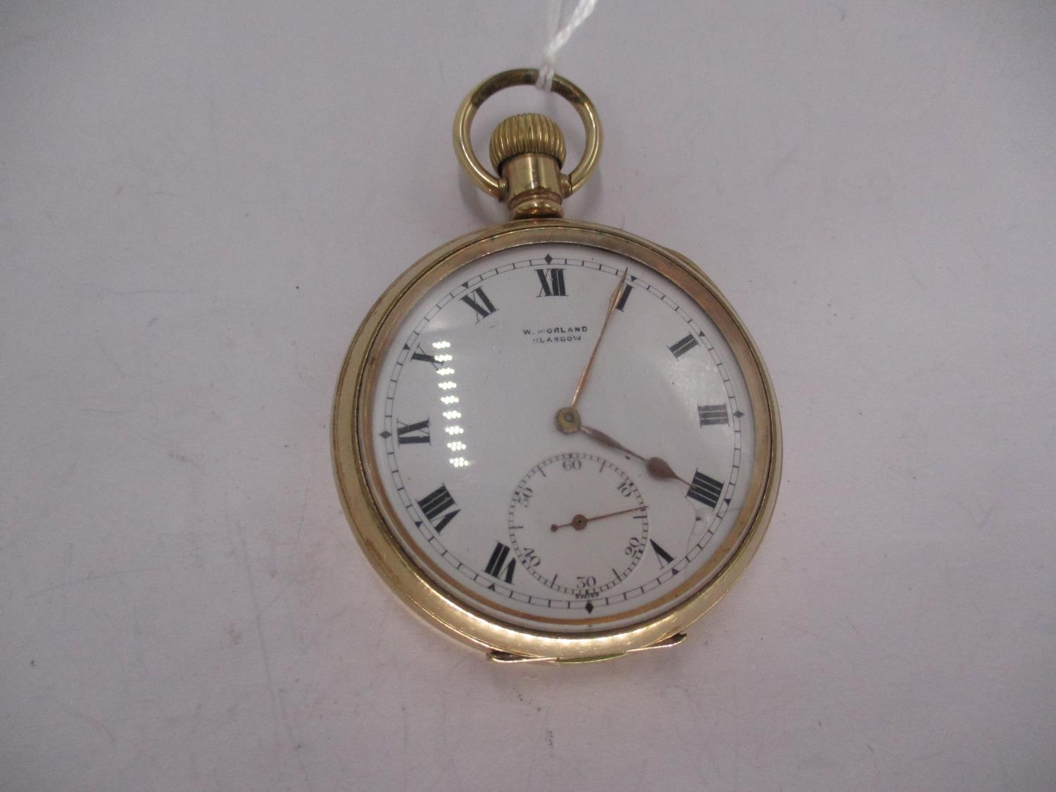 Rolex Rolled Gold Open Faced Pocket Watch, White Enamel Dial with Roman Numerals and Subsidiary