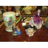 Royal Doulton Sweet Anne HN1496, Royal Doulton Mine Host Jug and Bunnykins and a Crown Devon Musical