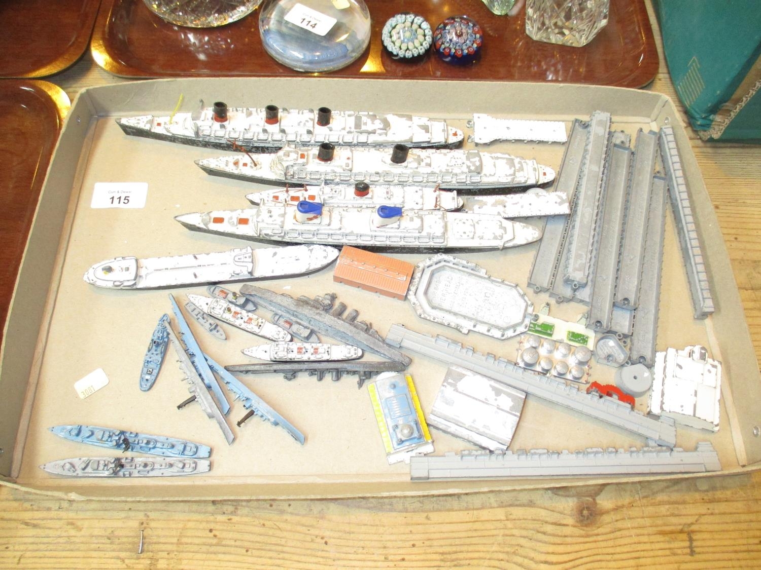 Tray of Triang Minic Waterline Ships and Harbour