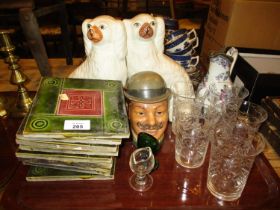 Nine Victorian Pottery Tiles, Pair of Wally Dogs, Tobacco Head, Jug, 5 Tumblers and 2 Eye Baths
