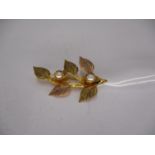 10K Bi-Colour Gold Leaf Brooch Set with 2 Pearls, 4.05g