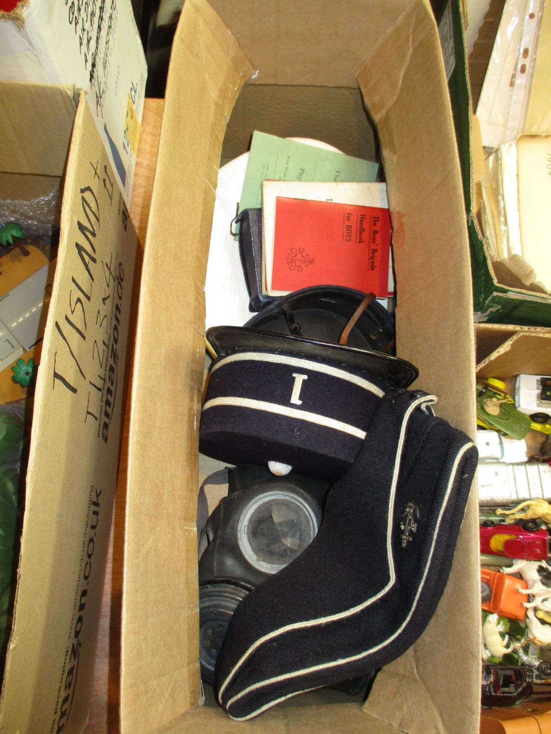 1930's Boys Brigade Hats and Books, WWII 1944 Gas Mask and Naval Cap