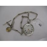 Swiss Silver Open Faced Pocket Watch with Heavy Gauge Silver Albert Chain and Attached Fob